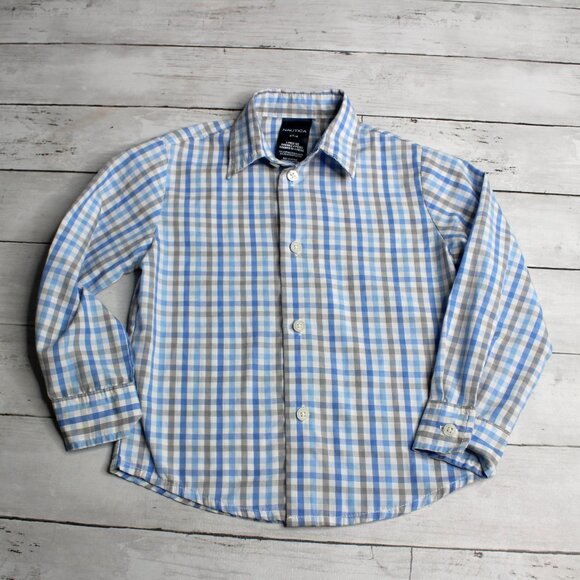 Nautica Boy Button Up Dress Shirt Size 4T 4 Blue White Gray Check - Picture 2 of 5
